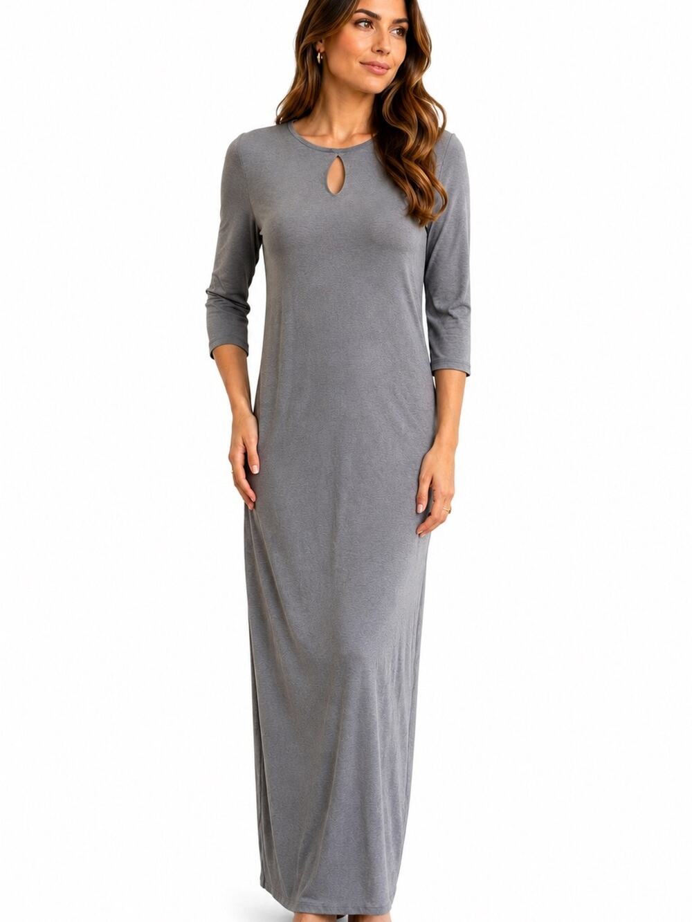 Vtg 90s Minimalist Sigrid Olsen Gray Maxi Dress M Keyhole 3/4 Sleeve Stretch